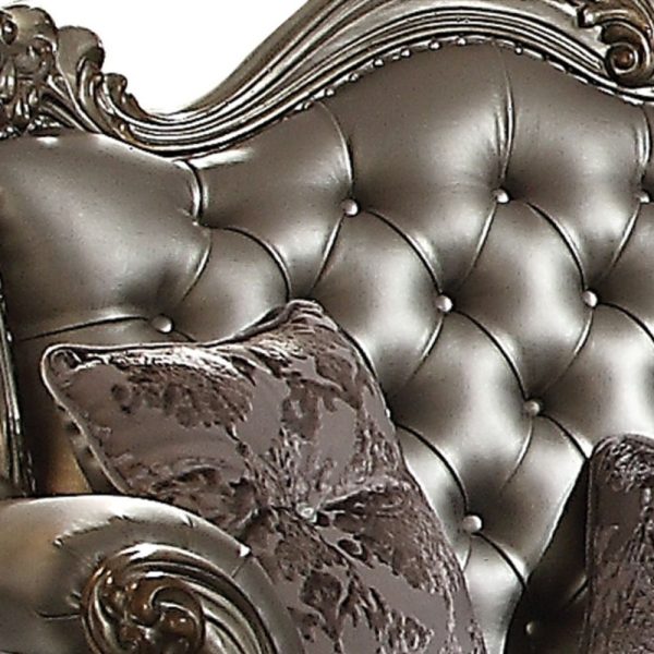 70" Silver And Platinum Faux Leather Loveseat and Toss Pillows - Image 3