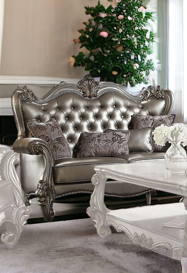 70" Silver And Platinum Faux Leather Loveseat and Toss Pillows - Image 2