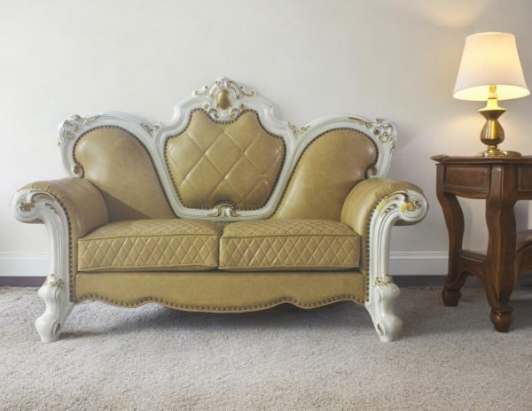 70" Golden Yellow And Pearl Faux Leather Loveseat and Toss Pillows - Image 2