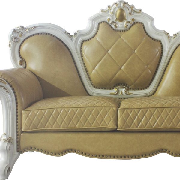70" Golden Yellow And Pearl Faux Leather Loveseat and Toss Pillows - Image 3
