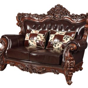 71" Espresso And Brown Faux Leather Curved Loveseat