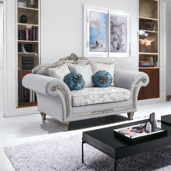 76" Light Gray And Platinum Linen Loveseat and Toss Pillows - Image 2