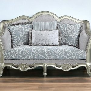 66" Light Gray And Champagne Linen Damask Loveseat and Toss Pillows