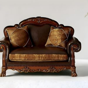 67" Brown And Redwood Faux Leather Loveseat and Toss Pillows