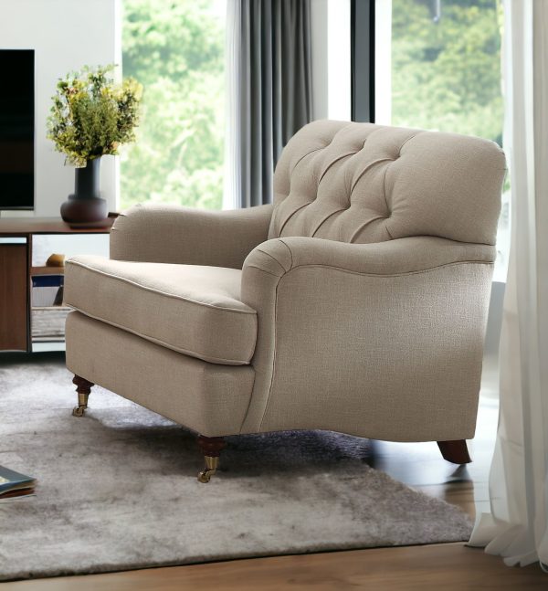 35" Beige and Dark Brown Fabric Tufted Arm Chair - Image 2