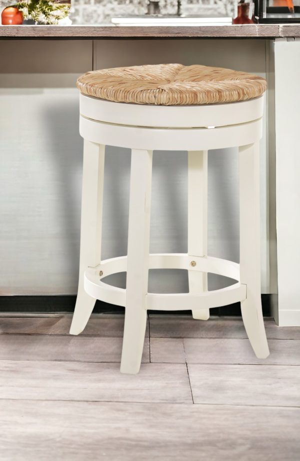 24" Natural And Antiqued White Solid Wood Swivel Backless Counter Height Bar Chair - Image 2