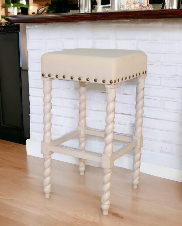 30" Cream And Vanilla Linen Upholstered Solid Wood Backless Bar Chair - Image 3