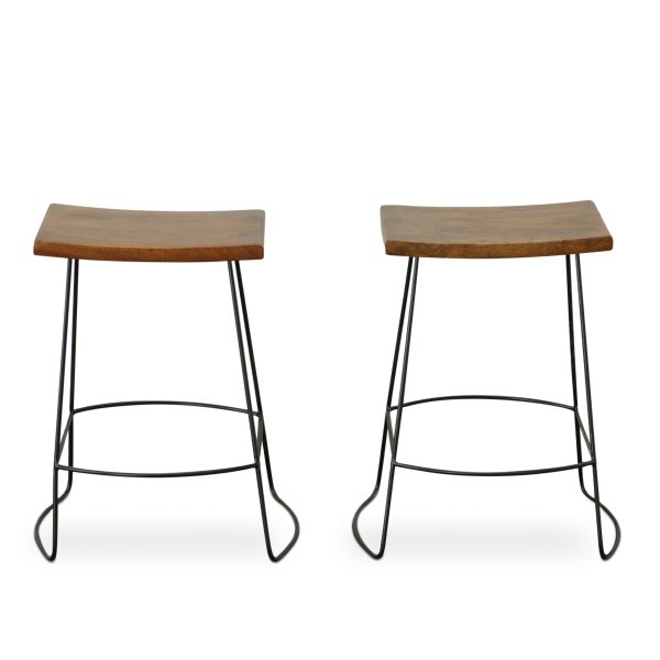 Set of Two 25" Chestnut And Black Steel Backless Counter Height Bar Chairs - Image 3