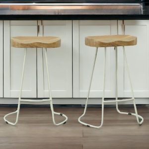 Set of Two 25" Natural And White Steel Backless Counter Height Bar Chairs