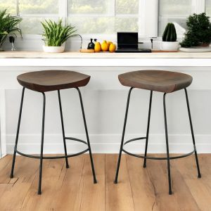 Set of Two 25" Chestnut And Black Steel Backless Counter Height Bar Chairs