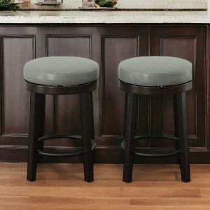 Set of Two 24" Gray And Espresso Faux Leather And Solid Wood Swivel Backless Counter Height Bar Chairs
