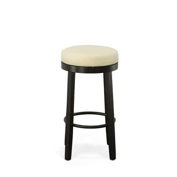 Set of Two 30" Cream And Espresso Faux Leather And Solid Wood Swivel Backless Bar Height Bar Chairs - Image 3