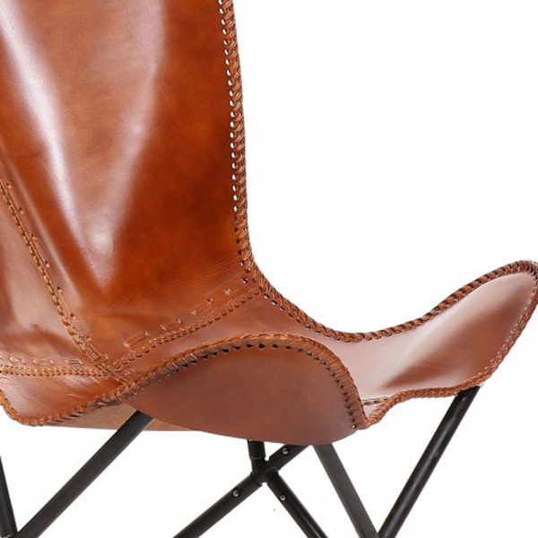 32" Brown and Black Genuine Leather Butterfly Chair - Image 3