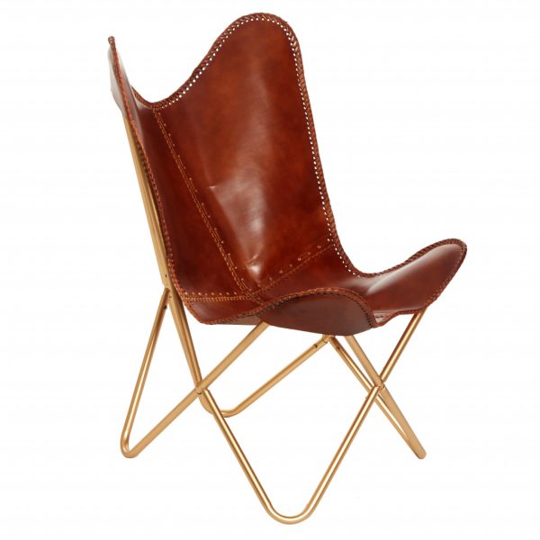 32" Brown and Gold Genuine Leather Butterfly Chair - Image 2