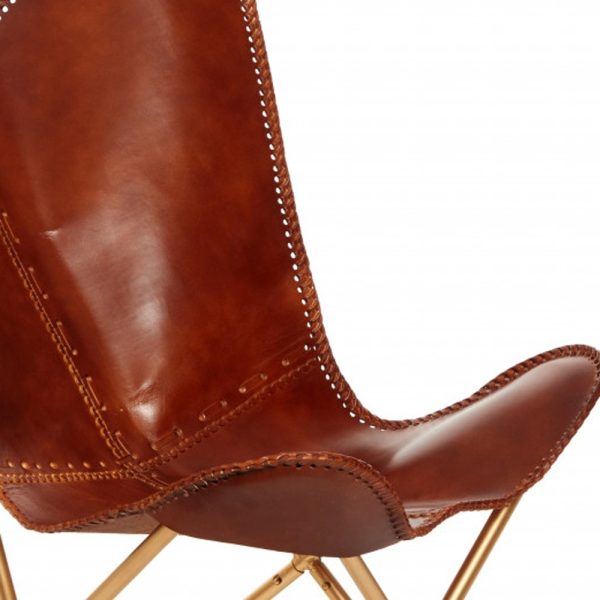 32" Brown and Gold Genuine Leather Butterfly Chair - Image 3