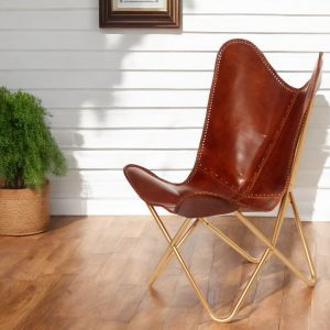32" Brown and Gold Genuine Leather Butterfly Chair