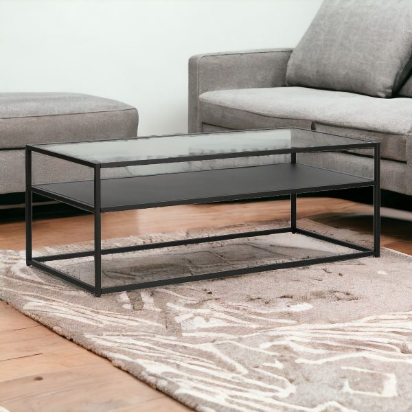 46" Black Glass And Steel Coffee Table With Shelf - Image 2