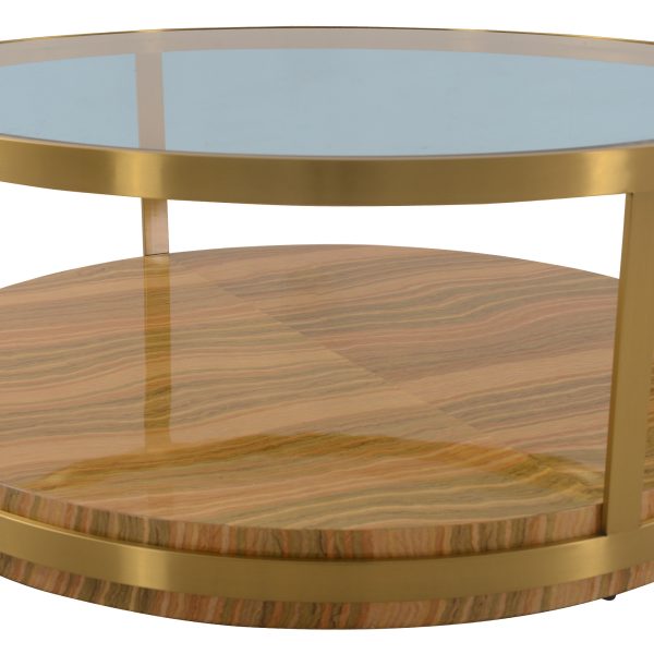43" Clear Gold And Brown Glass Wood and Metal Round Coffee Table With Shelf - Image 3