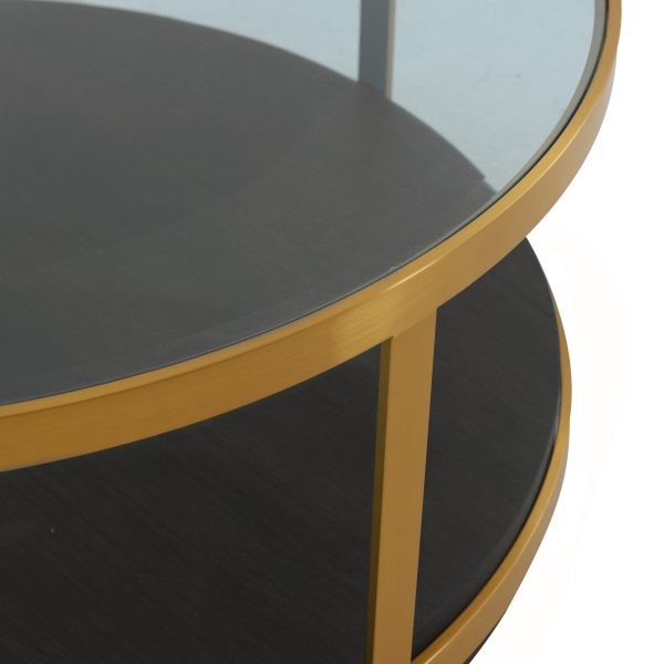 43" Clear And Black Gold Glass And Solid Wood and Metal Round Coffee Table With Shelf - Image 3