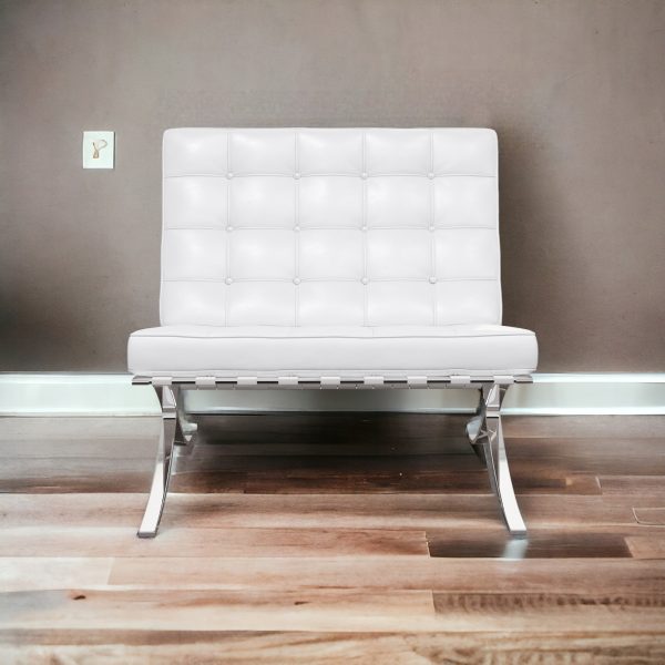32" White and Silver Italian Leather Tufted Lounge Chair - Image 2