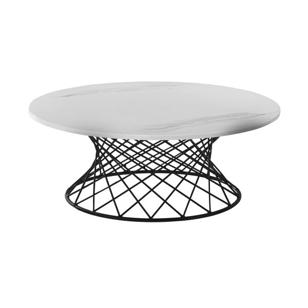 36" White And Black Genuine Marble And Metal Round Coffee Table - Image 2