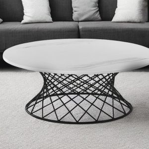 36" White And Black Genuine Marble And Metal Round Coffee Table