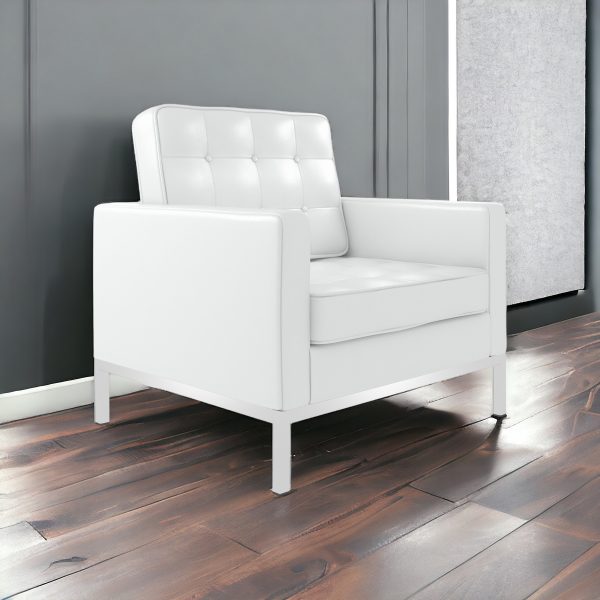 31" White And Silver Italian Leather Tufted Arm Chair - Image 3