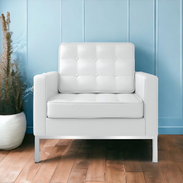 31" White And Silver Italian Leather Tufted Arm Chair - Image 2