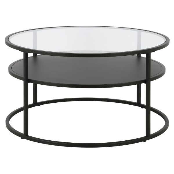 32" Black Glass And Steel Round Coffee Table With Shelf - Image 3