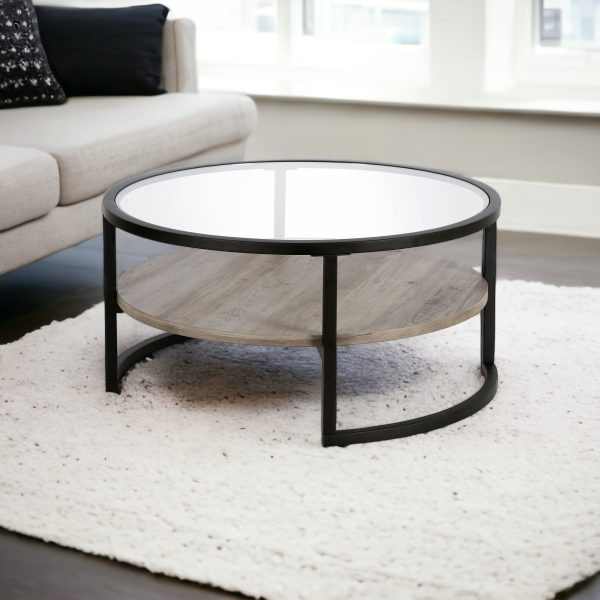 34" Black Glass And Steel Round Coffee Table With Shelf - Image 2