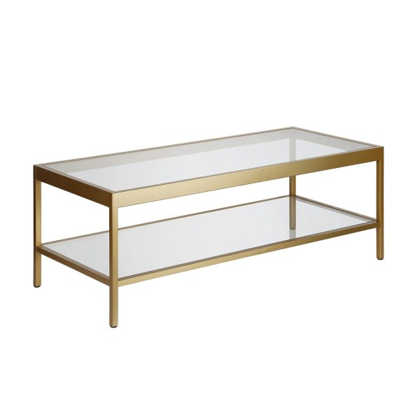 45" Clear Glass And Gold Steel Coffee Table With Shelf - Image 3