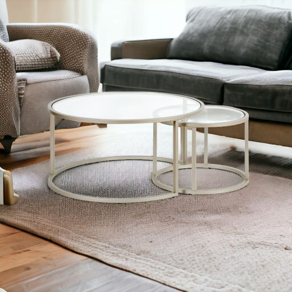 Set of Two 35" Silver Glass And Steel Round Nested Coffee Tables - Image 2