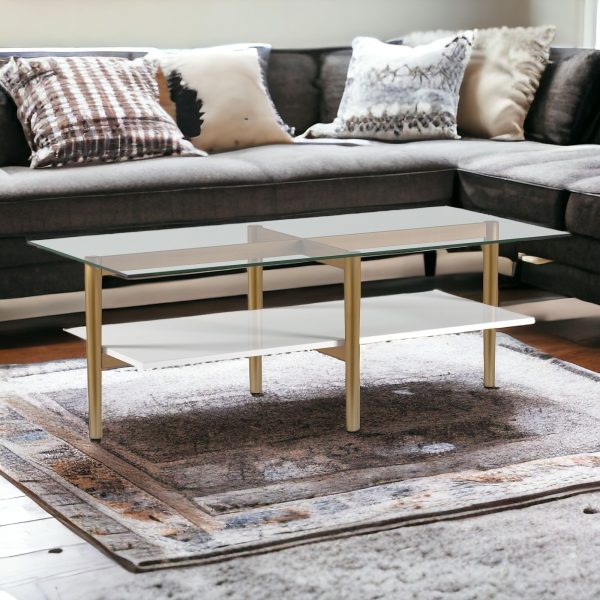 47" Gold Glass And Steel Coffee Table With Shelf - Image 2