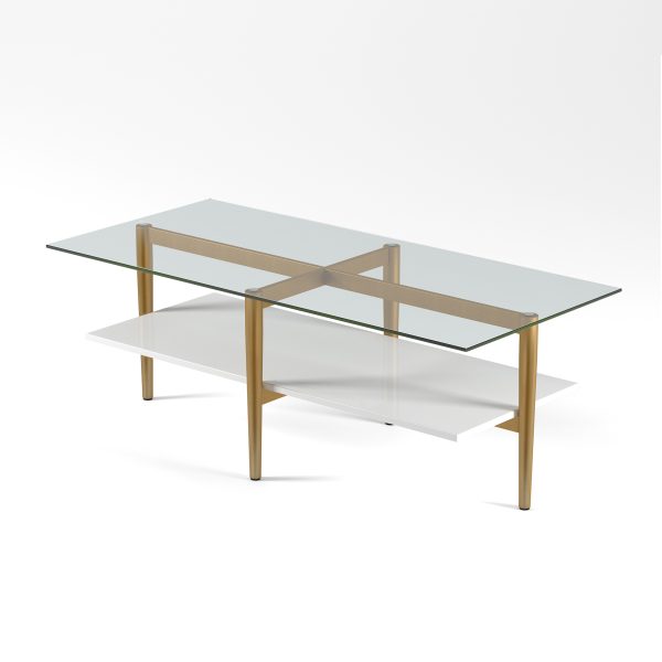 47" Gold Glass And Steel Coffee Table With Shelf - Image 3