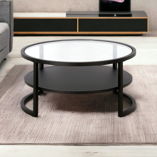 34" Black Glass And Steel Round Coffee Table With Shelf - Image 2