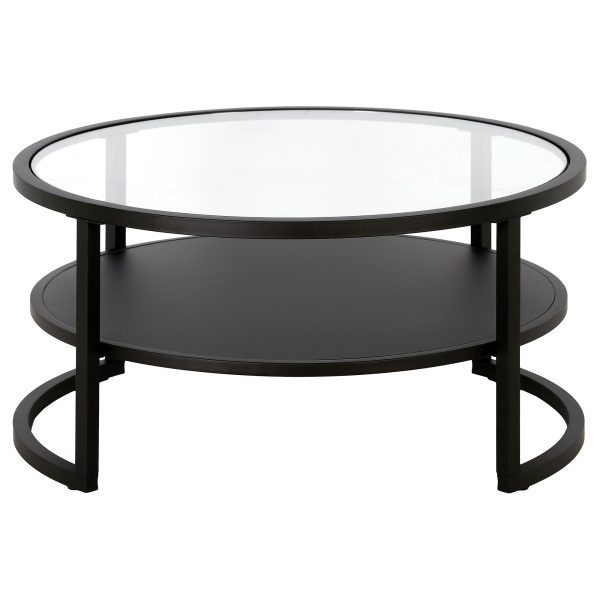34" Black Glass And Steel Round Coffee Table With Shelf - Image 3