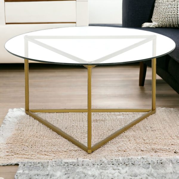 35" Gold Glass And Steel Round Coffee Table - Image 2