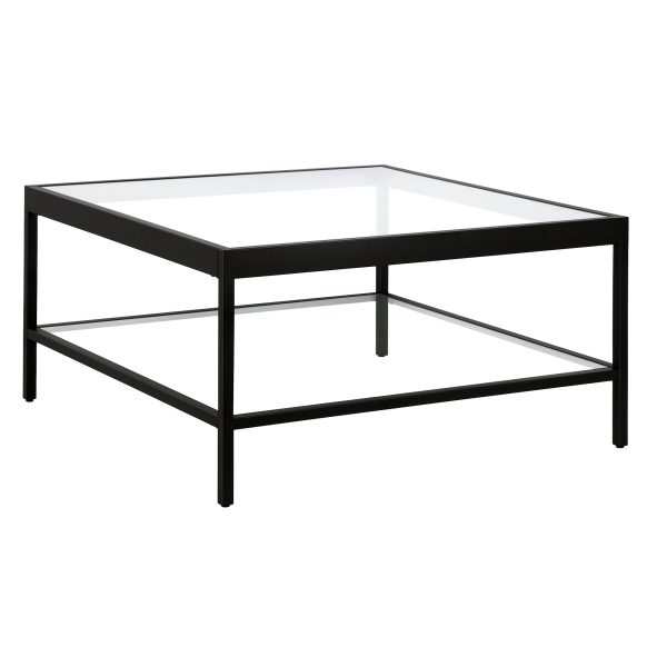 32" Clear And Black Glass And Steel Square Coffee Table With Shelf - Image 2