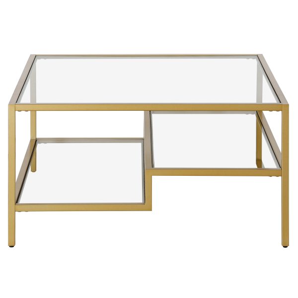 32" Gold Glass And Steel Square Coffee Table With Two Shelves - Image 3