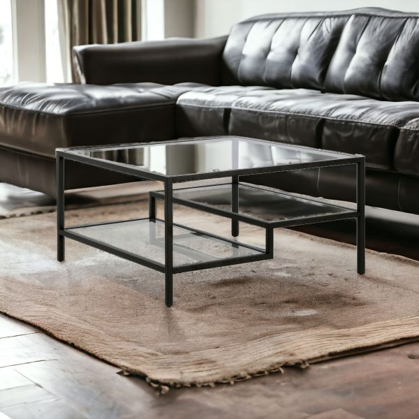 32" Black Glass And Steel Square Coffee Table With Two Shelves - Image 2