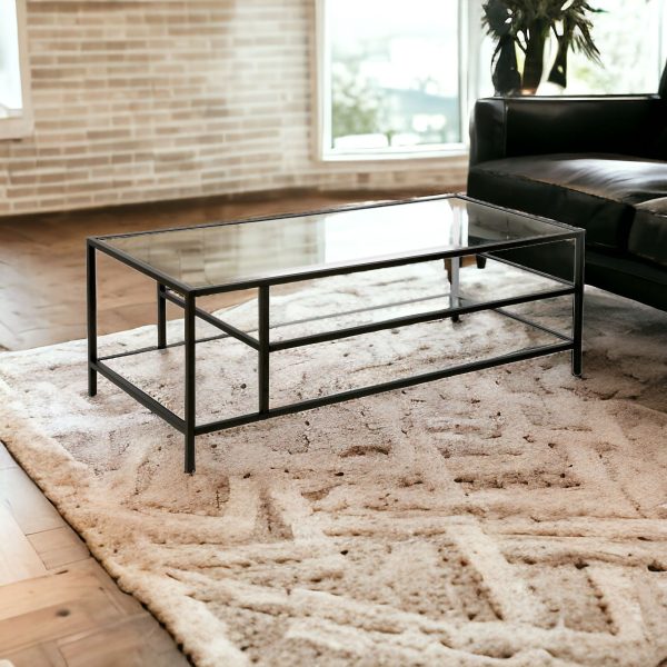 46" Black Glass And Steel Coffee Table With Two Shelves - Image 2