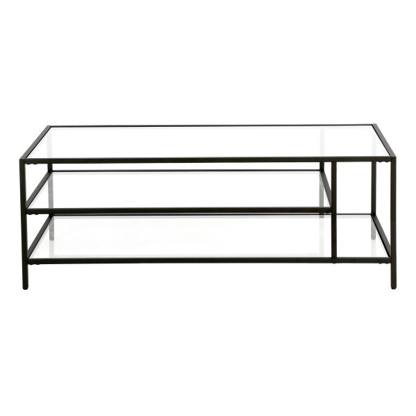 46" Black Glass And Steel Coffee Table With Two Shelves - Image 3