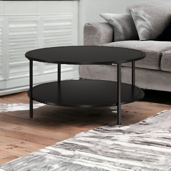 36" Black Glass And Steel Round Coffee Table With Shelf - Image 2