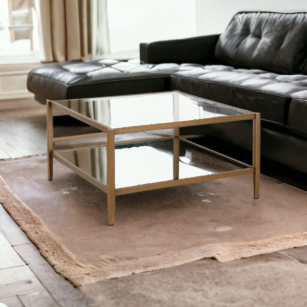 32" Gold Glass And Steel Square Coffee Table With Shelf - Image 2