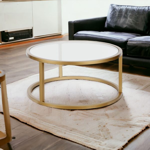 35" Gold Glass And Steel Round Coffee Table - Image 2