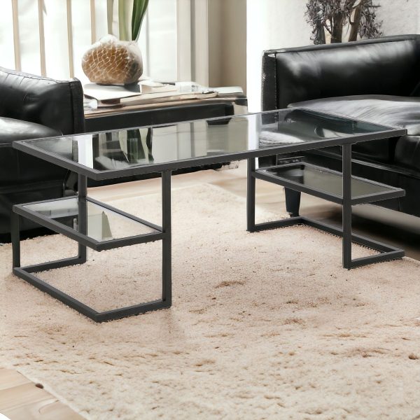 47" Black Glass And Steel Coffee Table With Two Shelves - Image 2