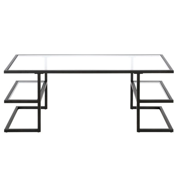 47" Black Glass And Steel Coffee Table With Two Shelves - Image 3