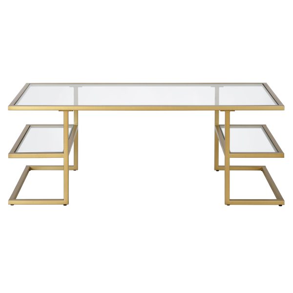 47" Gold Glass And Steel Coffee Table With Two Shelves - Image 3