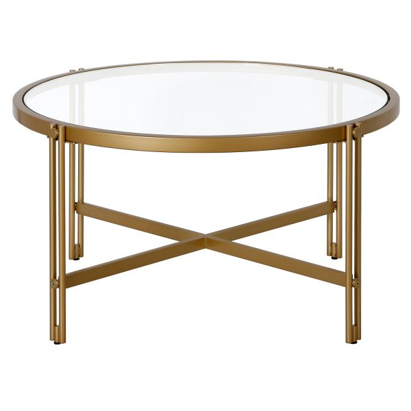 32" Gold Glass And Steel Round Coffee Table - Image 3