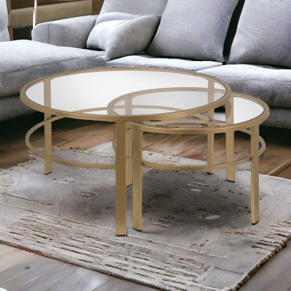 Set of Two 36" Gold Glass And Steel Round Nested Coffee Tables - Image 2